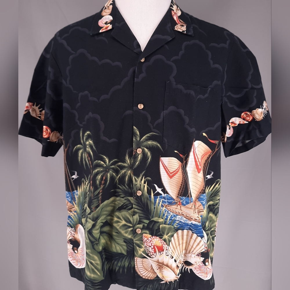 Banana Jack Hawaiian Black Camp Shirt Men's Size XL USA Seashell
